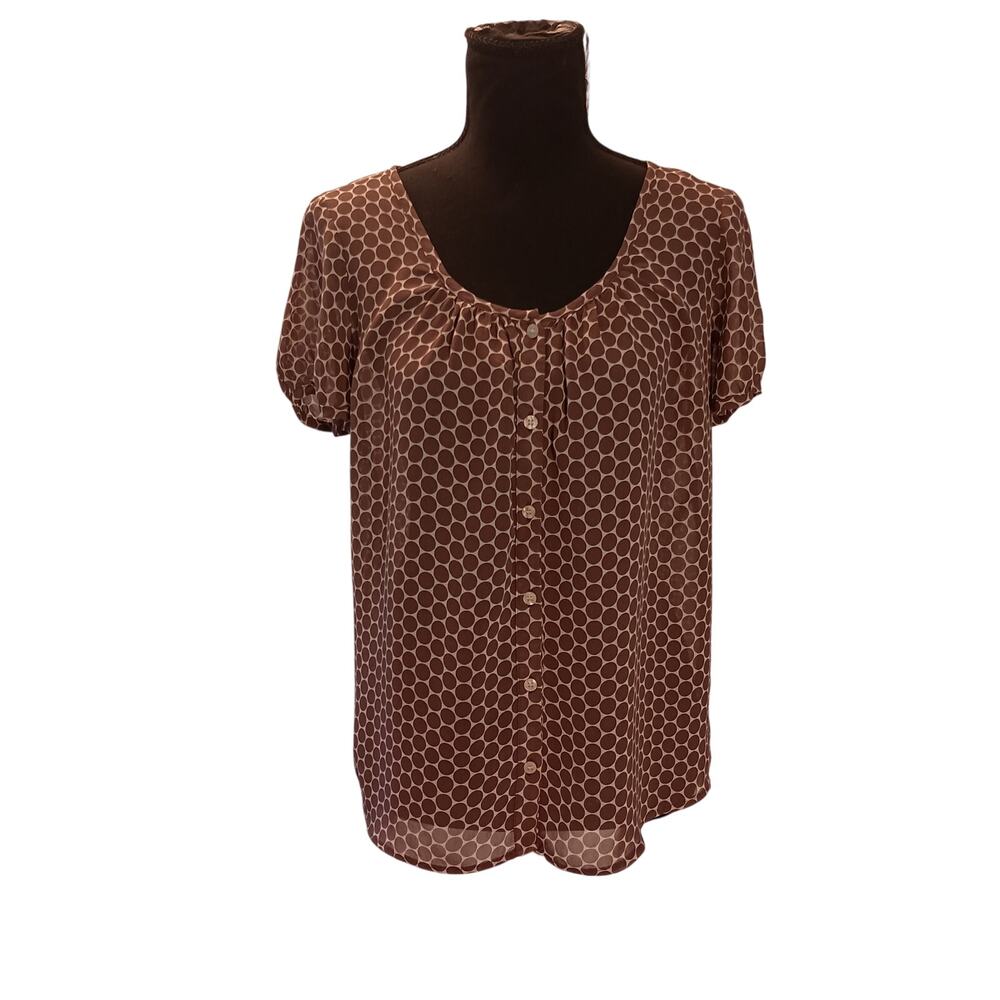 Boden Women's Sheer Brown and White Polka Dot Blouse Feminine Viscose Size 10